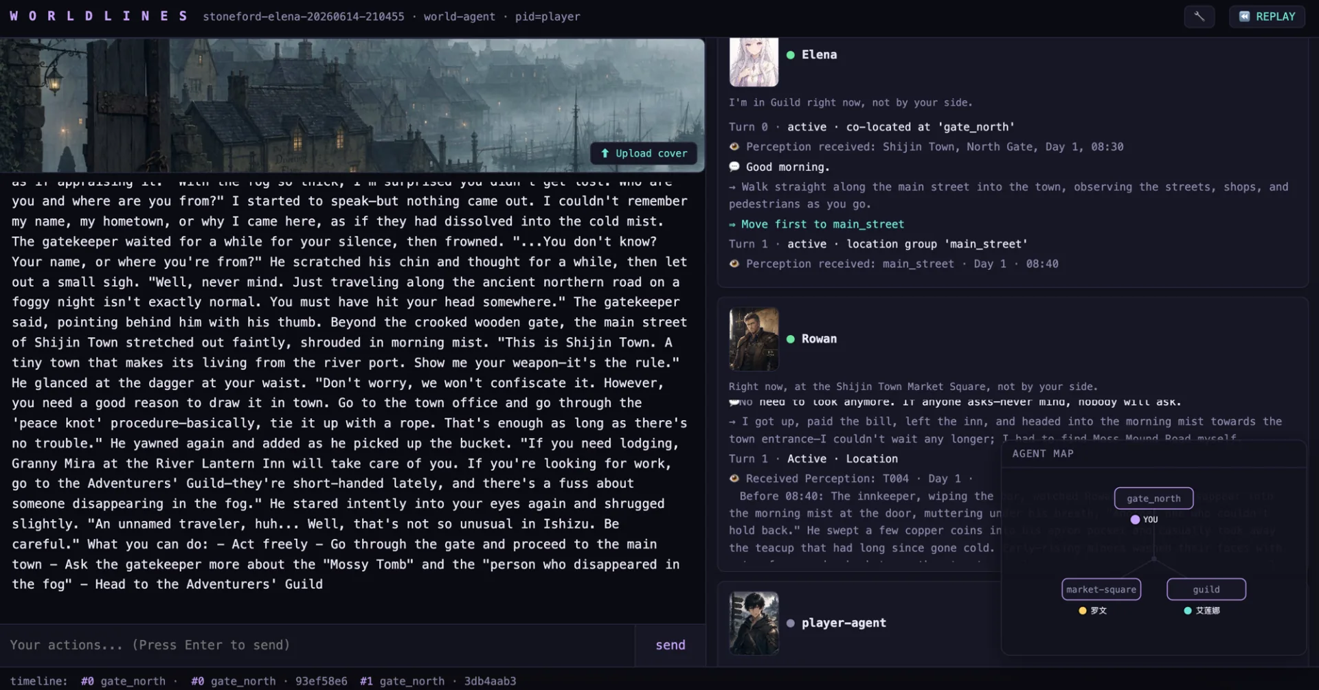 WorldLines hub: Elena, Rowan, and the player agent each with their own feed and avatar, the world agent narrating, and the agent map tracking who is where